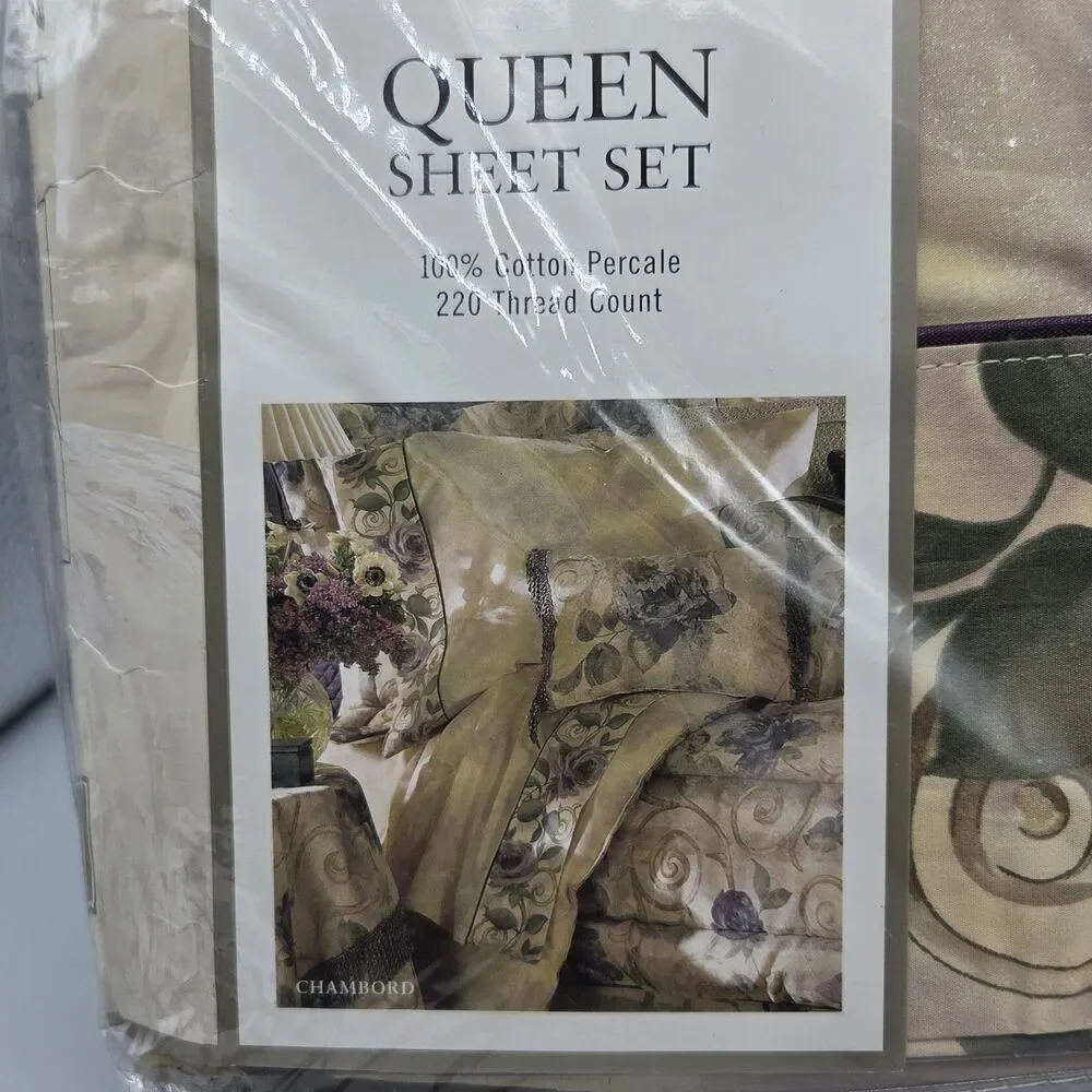 CROSCILL QUEEN SHEET SET CASSIS CHAMBORD PURPLE AMETHYST FLORAL (4P)  NEW